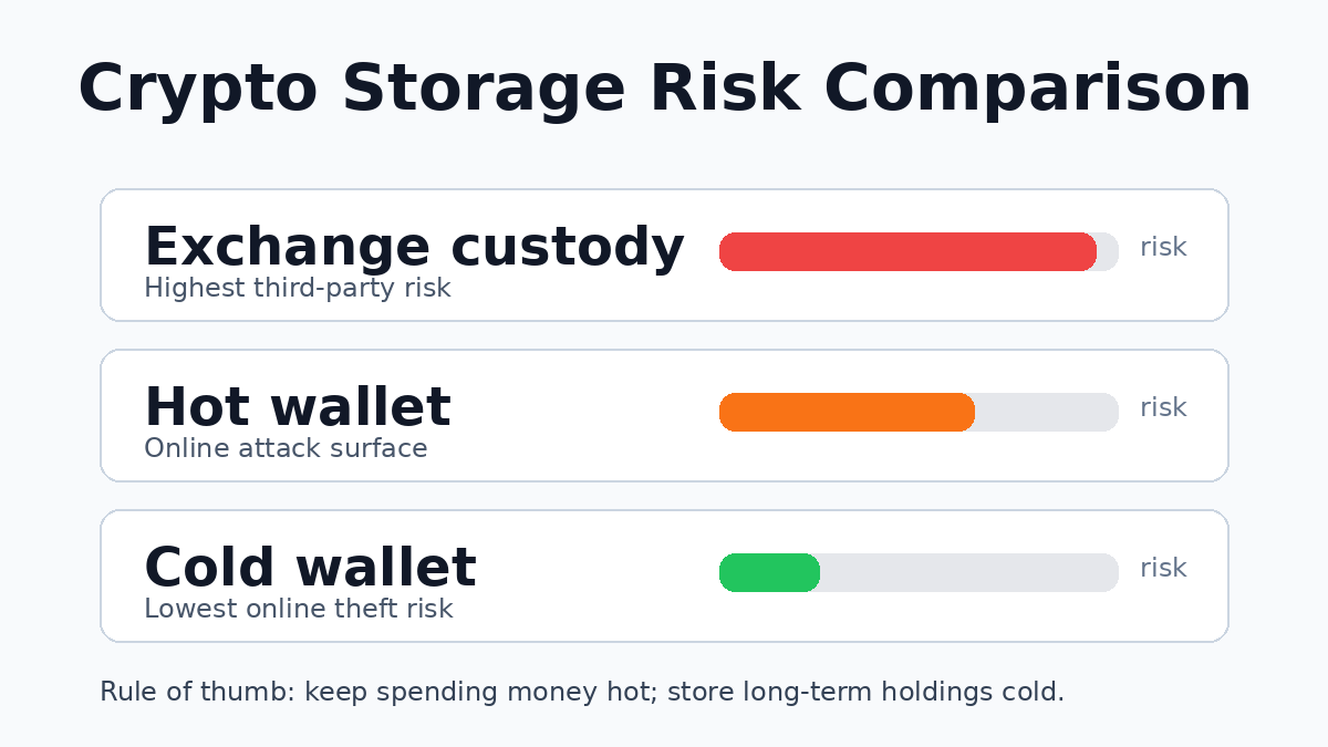 Cold wallet vs hot wallet vs exchange custody risk comparison